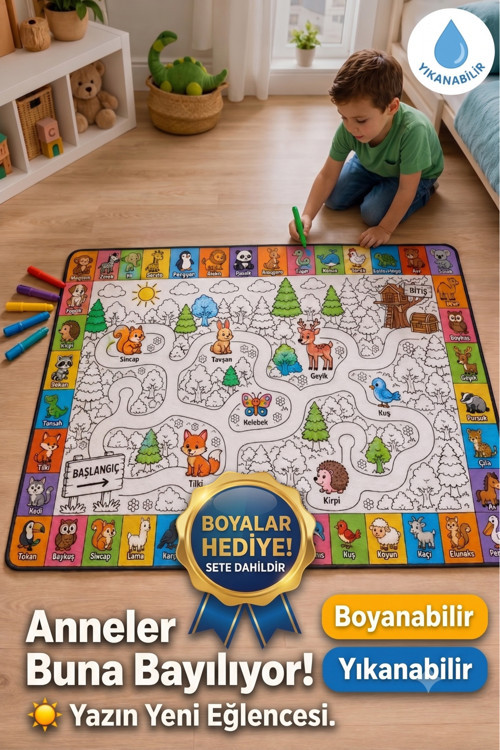 Eğitici Yıkanabilir Tekrar Boyanabilir Çocuk Odası Oyun Matı Boyama Halısı Boya Kalem Seti Hediye