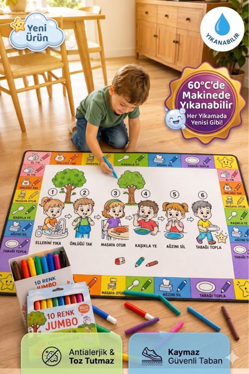 Eğitici Yıkanabilir Tekrar Boyanabilir Çocuk Odası Oyun Matı Boyama Halısı Boya Kalem Seti Hediye