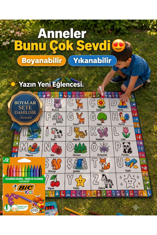 Eğitici Yıkanabilir Tekrar Boyanabilir Çocuk Odası Oyun Matı Boyama Halısı Boya Kalem Seti Hediye
