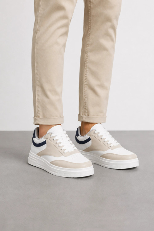 Gece Erkek Bağcıklı Günlük Sneaker Spor Ayakkabı Beyaz-Bej