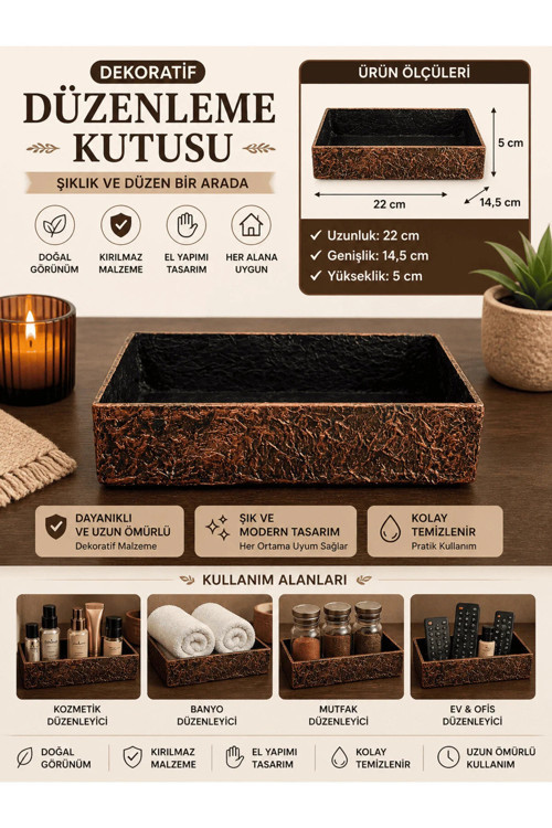 Dekoratif Düzenleme Kutusu 22x14,5 cm – El Yapımı Kırılmaz Organizer Kutu Masa & Banyo & Mutfak Düzenleyici
