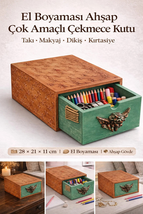 El Boyaması Ahşap Çok Amaçlı Çekmeceli Kutu – Takı, Makyaj, Dikiş Dekoratif Saklama Kutusu