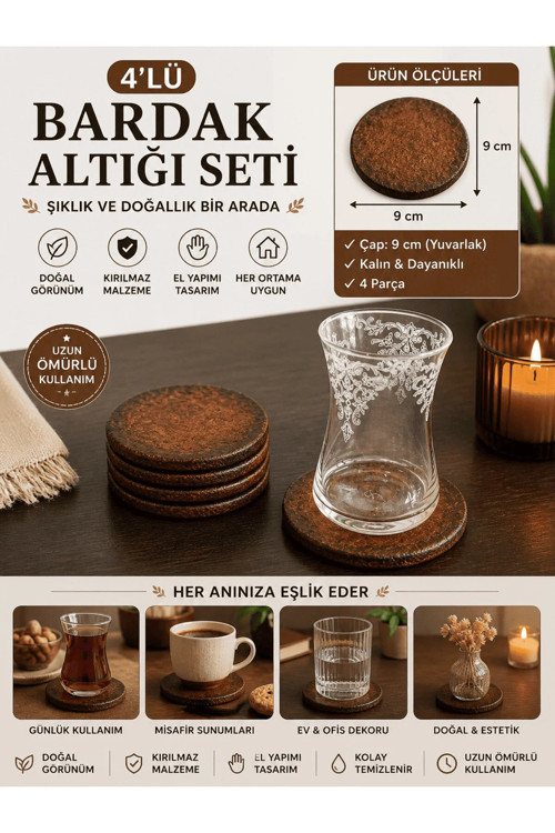 4’lü Bardak Altlığı Seti 9 cm – Dekoratif Kupa Altlığı El Yapımı Kırılmaz Masa & Sehpa Koruyucu