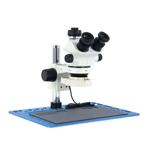 Mikroskop ZS 7050P Trinoküler Mikroskop Seti- 7X-50X Zoom, 0.5X CTV, LED Işıklı ve Alüminyum Pedli Mavi Tabla Set