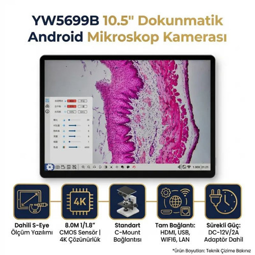 10.5 inç Dokunmatik Ekranlı 4K Mikroskop Kamerası 8MP- Android 11, HDMI, USB, LAN, Dahili Ölçüm Yazılımı