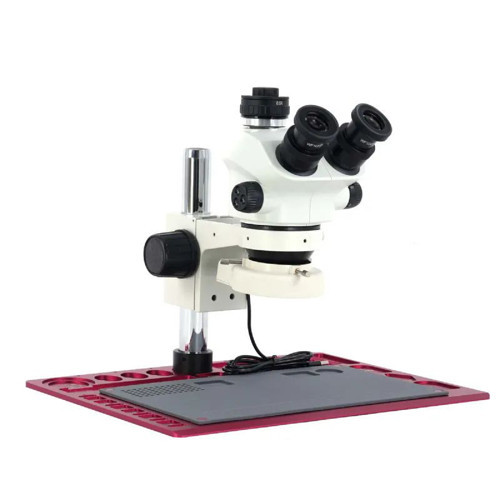 Mikroskop ZS 7050P Trinoküler Mikroskop Seti - 7X-50X Zoom, 0.5X CTV, LED Işıklı ve Alüminyum Pedli Kırmızı Tabla Set