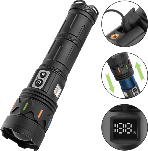 AF002 Ultra Güçlü LED El Feneri - P360 Lazer Odaklama & Acil Durum Powerbank Fonksiyonlu Fener