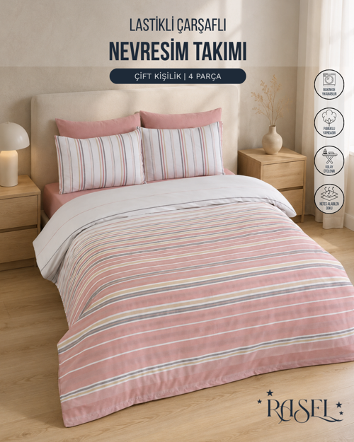 Blush Harmony Lastikli Çarşaflı Pudra Çift Kişilik Nevresim Takımı 200 × 220 cm