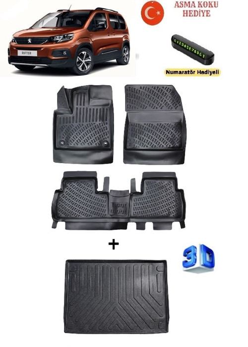Peugeot Rifter 2019 Sonrası Uyumlu 3D Havuzlu Paspas ve Demirli Bagaj Havuzu Seti ASMA KOKU VE NUMARATÖR HEDİYELİ