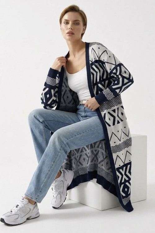 Kadın Oversize Triko Uzun Hırka Geometrik Desen Uzun