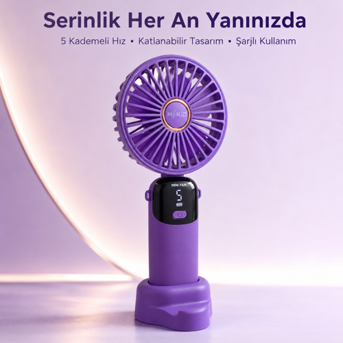 Şarjlı El Vantilatörü 5 Kademeli, Katlanabilir Dijital Ekranlı Mini El Fanı, 1200 Mah, 5 Pervaneli Güçlü Hava Akışı, Standlı Masaüstü Fan, USB Şarjlı - Mor