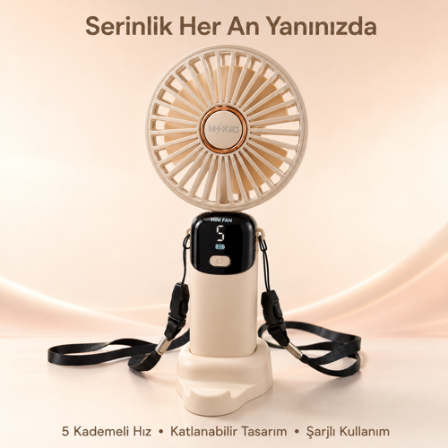 Şarjlı El Vantilatörü 5 Kademeli, Katlanabilir Dijital Ekranlı Mini El Fanı, 1200 Mah, 5 Pervaneli Güçlü Hava Akışı, Standlı Masaüstü Fan, USB Şarjlı - Krem