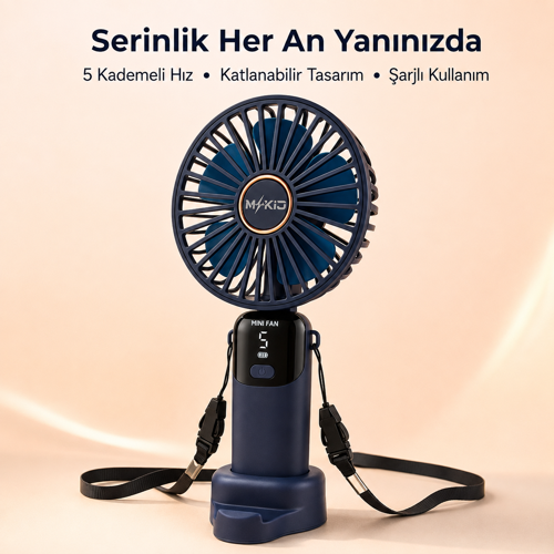 Şarjlı El Vantilatörü 5 Kademeli, Katlanabilir Dijital Ekranlı Mini El Fanı, 1200 Mah, 5 Pervaneli Güçlü Hava Akışı, Standlı Masaüstü Fan, USB Şarjlı - Lacivert