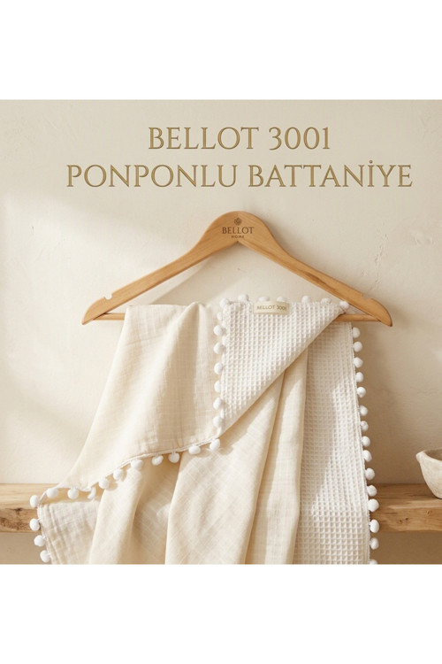 Bellot 3001 Krem Müslin Pike Bebek Battaniyesi - Ponponlu Çift Taraflı
