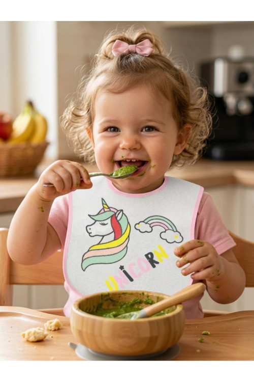 Buude 7511 Yenidoğan 0-3 Ay Unicorn Baskılı Bebek Mama Önlüğü