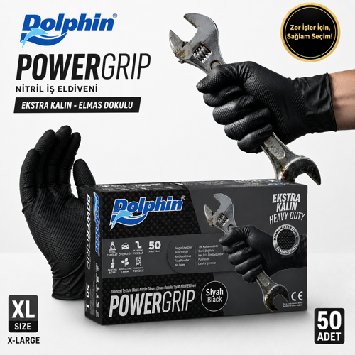 Dolphin Nitril PowerGrip Ekstra Kalın Elmas Dokulu İş Eldiveni XL 50'li Paket