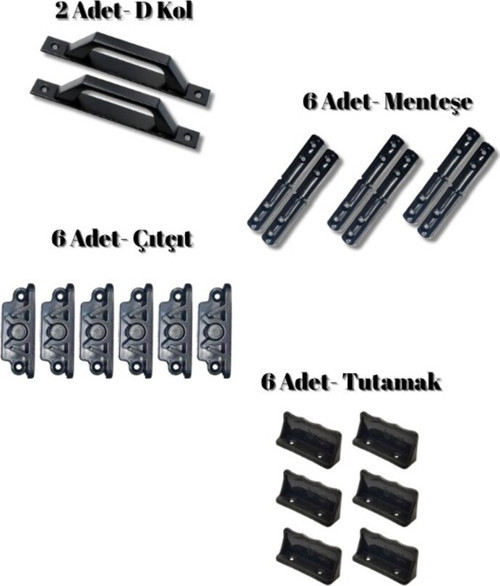 Sineklik Montaj Seti - Siyah (6 Çıtçıt, 2 D Kol, 6 Menteşe, 6 Tutamak)