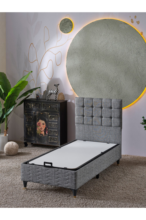 Bengü Keten Gri 100X200 Geniş Tek Kişilik Keten Kumaş Baza Başlık Takımı 2'Li Set