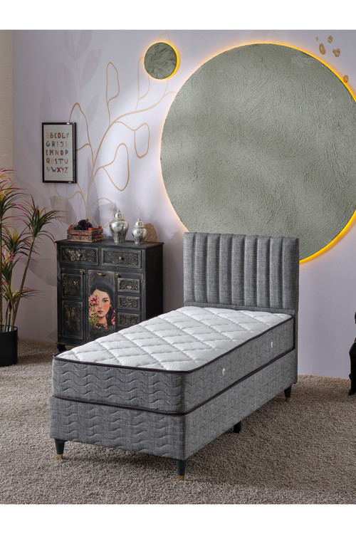 Ezgi Keten Gri 90X190 Tek Kişilik Ortopedik Yatak + Baza + Başlık Seti Sandıklı Premium 3'Lü
