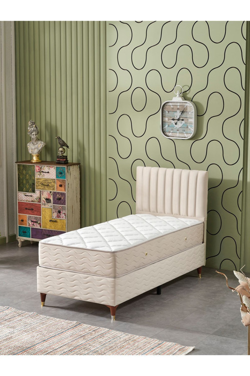 Ezgi Krem 90X190 Tek Kişilik Sandıklı Yatak + Baza + Başlık Seti Ortopedik Premium 3'Lü