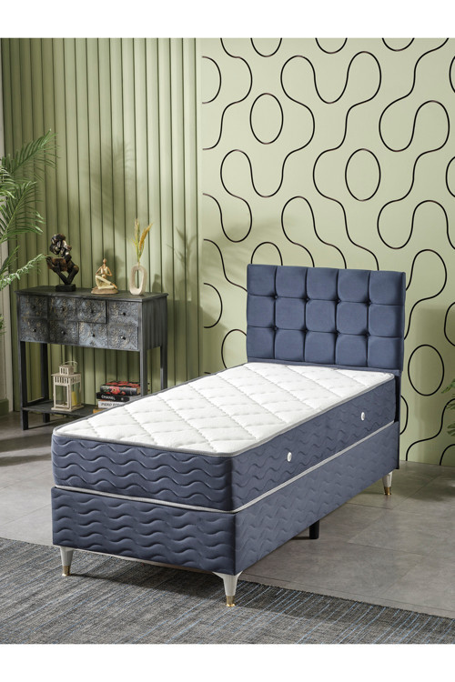 Bengü Modern Baza + Yatak + Başlık Seti 120X200 İndigo Geniş Tek Kişilik Sandıklı 3'Lü