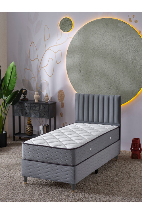 Ezgi Modern Baza + Başlık + Yatak Seti 100X200 Geniş Tek Kişilik Gri Baby Face 3'Lü