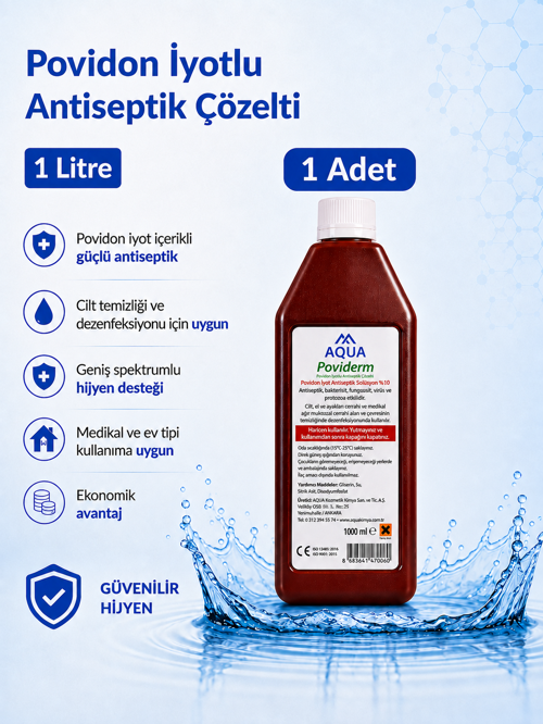 Karvel Medikal Aqua Poviderm Povidon İyotlu Antiseptik Çözelti %10 1 Litre 1 Adet