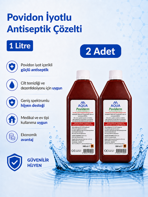 Karvel Medikal Aqua Poviderm Povidon İyotlu Antiseptik Çözelti 1 Litre 2 Adet