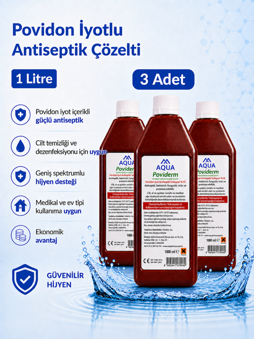 Karvel Medikal Aqua Poviderm Povidon İyotlu Antiseptik Çözelti 1 Litre 3 Adet