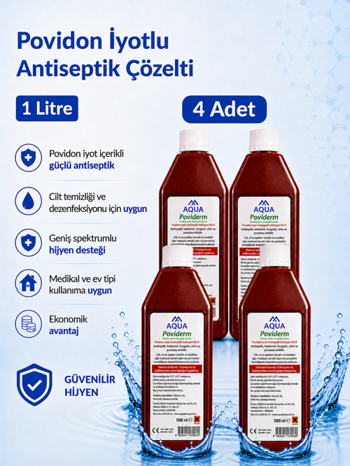 Karvel Medikal Aqua Poviderm Povidon İyotlu Antiseptik Çözelti 1 Litre 4 Adet