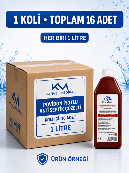 Karvel Medikal Aqua Poviderm Povidon İyotlu Antiseptik Çözelti 1 Litre 16 Adet 1 Koli