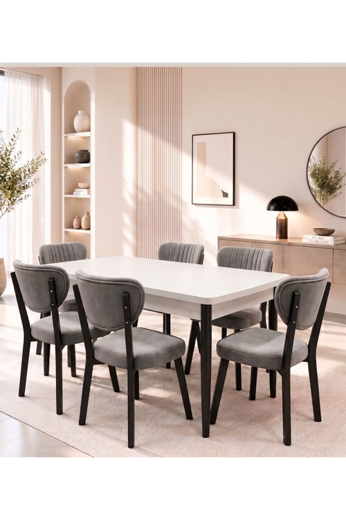Ada Serisi, 80X132 Açılabilir Mdf Mutfak Masası Takımı 6 Adet Sandalye
