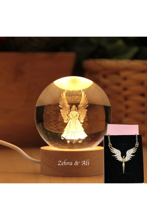 Dekoratif Kanatlı Melek 3d Cam Küre Ve Melek Kolye Hediyeli