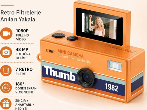 Mini Dijital Fotoğraf Makinesi 1080P Full HD 48 MP Retro Tasarım Mini Charm Kamera Dönebilir Ekran