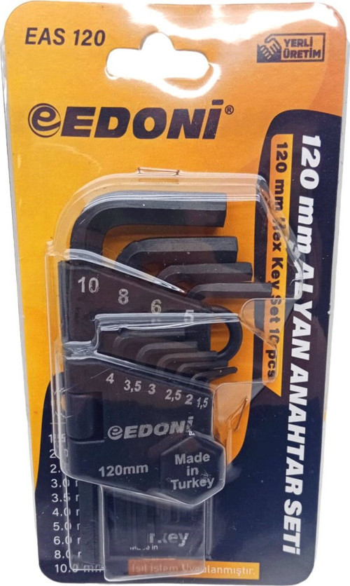 Edoni EAS-120-121 Alyan Anahtar Seti 120mm 10 Adet Kısa Siyah Düz - 6'li Paket