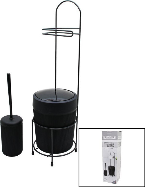 ORSA-990 (Yuvarlak ve Siyah Plastik Çöp Kovalı Metal Ayaklı WC Kağıtlık WC Fırça Set - 4'li Paket