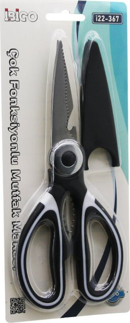 İ22-367 Mutfak Makası 20cm 4IN1 Açacak Kesici Kıracak Çok Amaçlı Makas Ağzı Pls.Kılıf Kapak - 12'li Paket