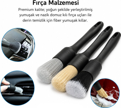 İ21-140 Oto Araç İçi ve Dışı Bakım Fırça Seti ve Çok Amaçlı 3 Adet 3 Farklı Sertlikle Kıl Tipi - 10'li Paket