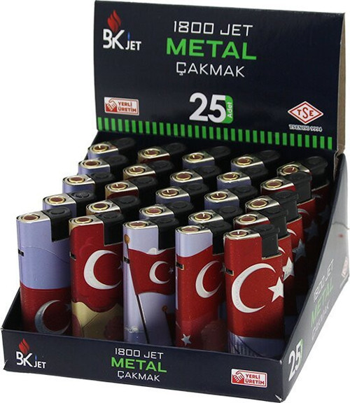 KOKO-1800 Jet Turbo Rezistanslı Manyetöllü Cep Çakmak Rüzgar Bayraklı Izgaralı Manyetolu - 25'li Paket
