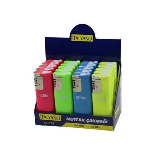 KA-750 Ocak Mutfak Çakmak Dev Boy 3.7x11.2cm Rüzgar Fenerli Izgaralı Fosforlu Renkler - 20'li Paket