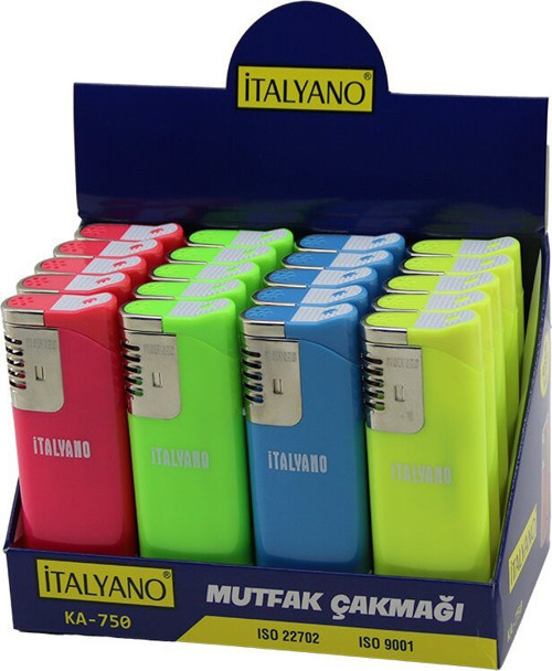 KA-750 Ocak Mutfak Çakmak Dev Boy 3.7x11.2cm Rüzgar Fenerli Izgaralı Fosforlu Renkler - 20'li Paket