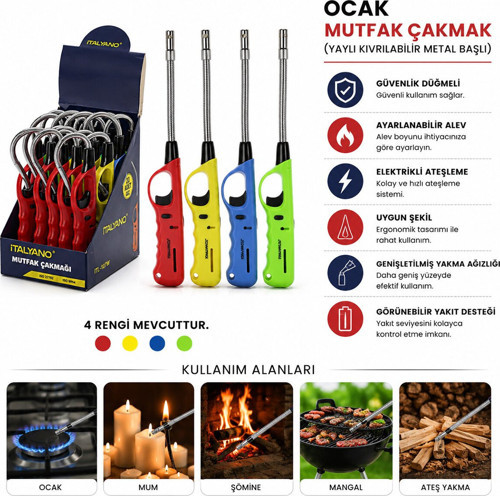 ITL-107W Ocak Mutfak Çakmak Renkli Plastik Sap Yaylı Kıvrılabilir Metal Başlı - 20'li Paket