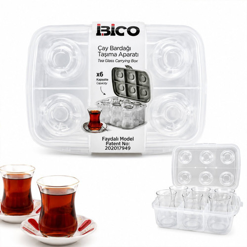 İbico K17-001 Taşıma Aparatı 6'li Çay Bardak Şeffaf Plastik - 24'li Paket