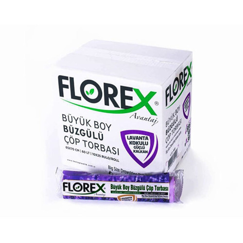 FLOREX-503 Avantaj 65x70cm Çöp Torba 10 Adet Büyük Büzgülü Lavanta Kokulu - 25'li Paket