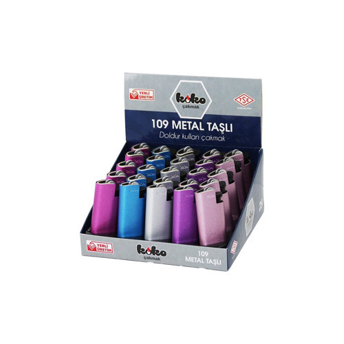 KOKO-109 Taşlı Metal Cep Çakmak BRKT-601429 Parlak Renkli Doldur Kullan - 25'li Paket