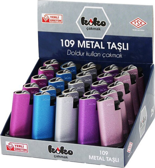 KOKO-109 Taşlı Metal Cep Çakmak BRKT-601429 Parlak Renkli Doldur Kullan - 25'li Paket