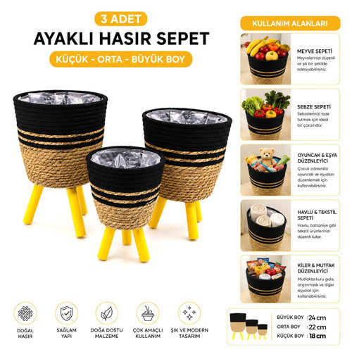 ALV-01 Ayaklı Hasır ve Ahşap Sepet 18-22-24cm 3 Adet Mix Desen - 6'li Paket