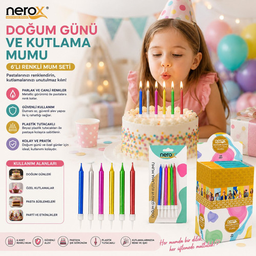NRX-3016 Doğum Günü Mumu 6 Adet Renkli Beyaz Plastik Tutacak Süs - 24'li Paket