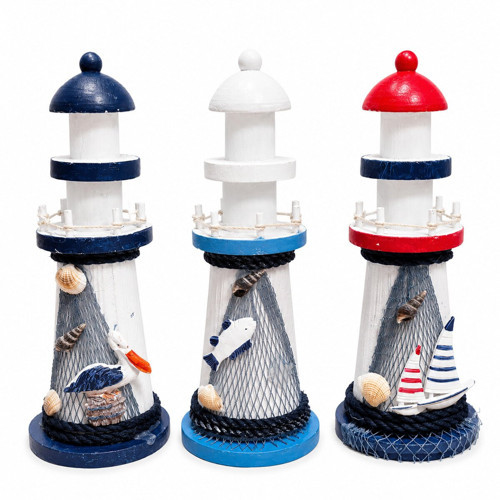 İ12-240 Masaüstü Dekoratif Deniz Feneri Süs Eşyası Çap : 8cm Uzunluk : 22cm Büyük Ahşap - 6'li Paket
