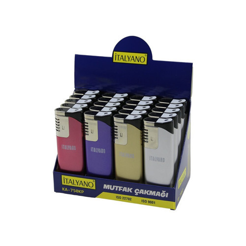 KA-750-KP Ocak Mutfak Çakmak Dev Boy 3.7x11.2cm Rüzgar Fenerli Izgaralı Metalik Renkler - 20'li Paket